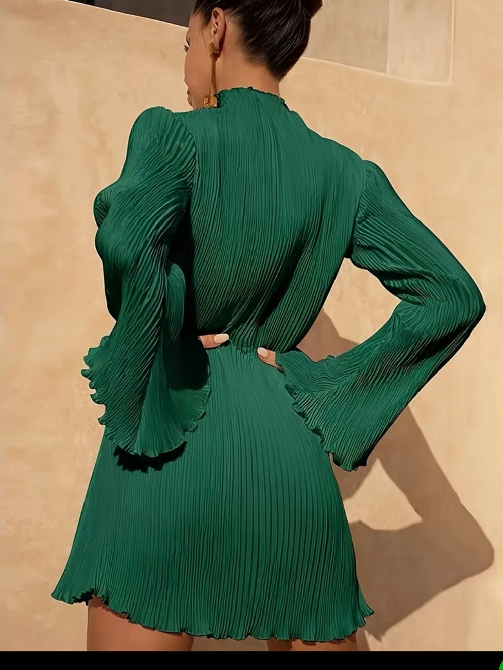 Emerald Pleated Long-Sleeve Mini Dress - Picture 6 of 6